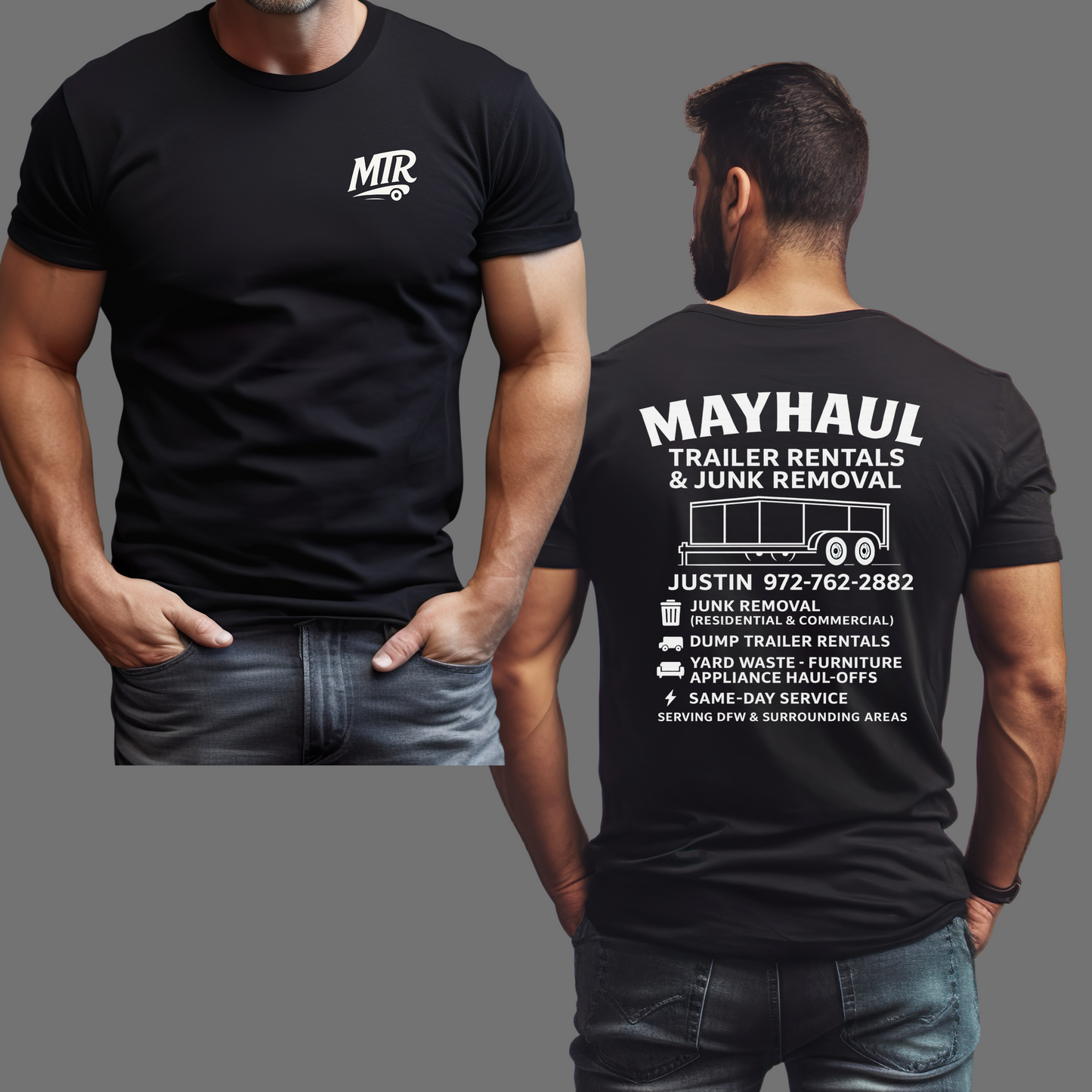 Black t-shirt with 'MAYHAUL' branding on a gray background